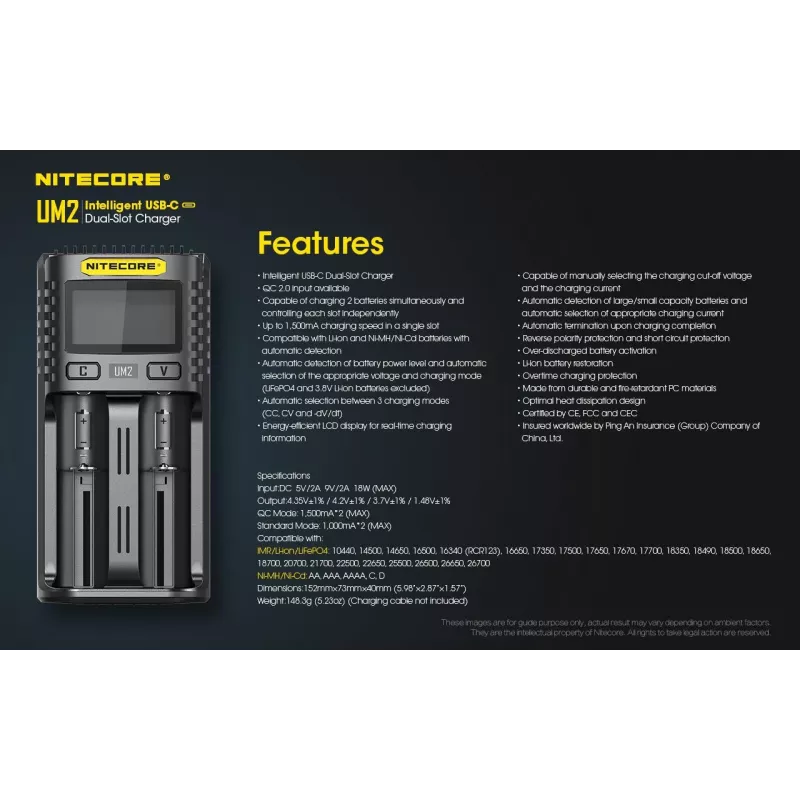 Nitecore UM2 bateriju lādētājs Mājsaimniecības baterijas DC Litija jonu Niķeļa-kadmija