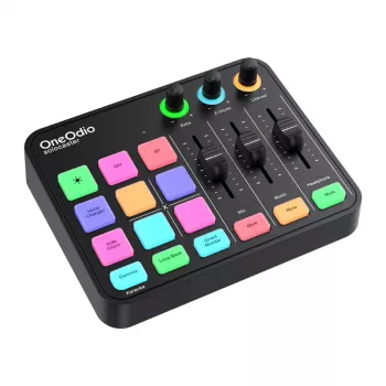 Audio mikseris un USB skaņas karte OneOdio Solocaster — kompakta galddatora saskarne straumēšanai un ierakstīšanai