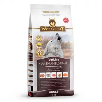 Sausā suņu barība Wolfsblut VetLine Gastrointestinal Duck 12 kg — veterinārā diēta gremošanas veselībai, olbaltumvielas 20%, tauki 10%