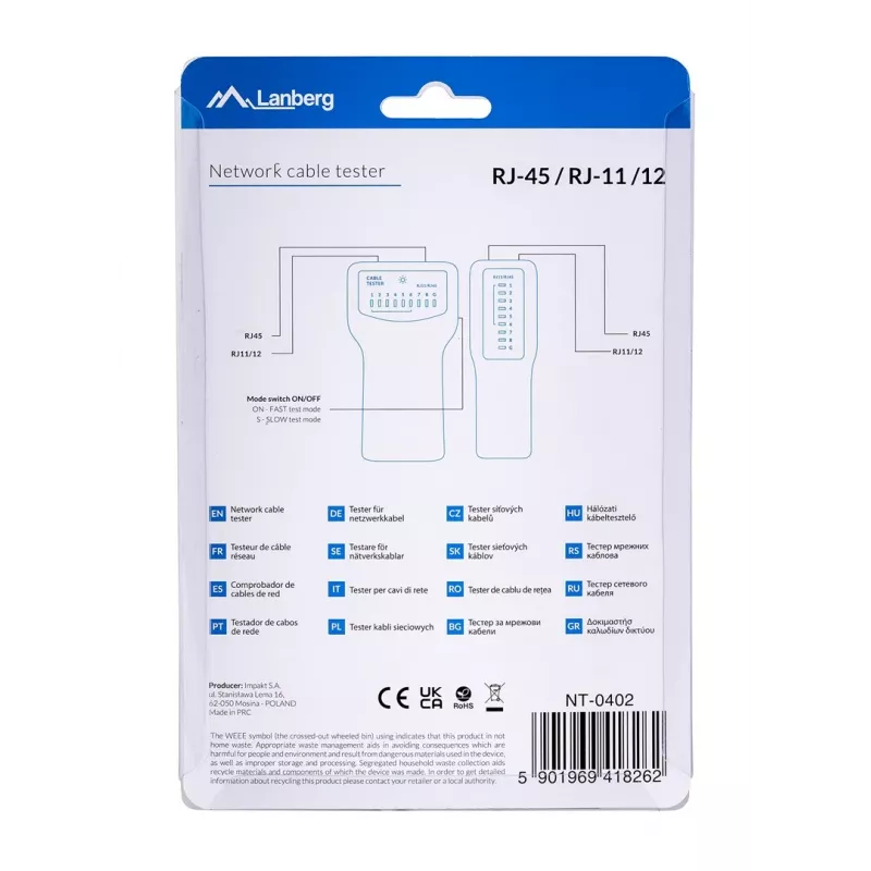 PoE testeris LANBERG NT-0402 — PoE tīkla kabeļu testeris ar RJ-45/RJ-11 atbalstu, LED indikatoriem, strāvas LED, ieslēgšanas/izslēgšanas slēdzi