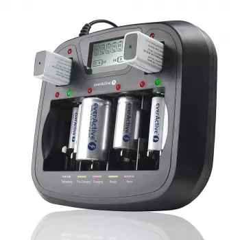Baterijas lādētājs everActive NC-900U Universal DC — lādē AA, AAA, C, D, 9V, līdz 6 šūnām, melns