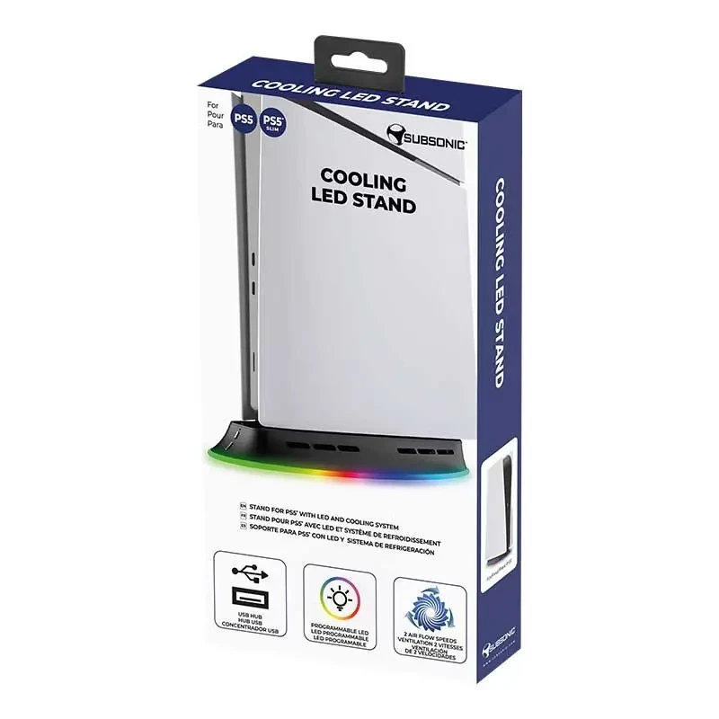 Dzesēšanas statīvs SUBSONIC SA5656 PS5 un PS5 plāns ar LED gaismām, vairāku ventilatoru dzesēšana, USB barošana