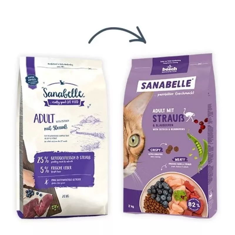 Sausā kaķu barība Bosch Sanabelle Life Adult — strauss un mellenes, 8 kg, 31% olbaltumvielu, 16% tauku