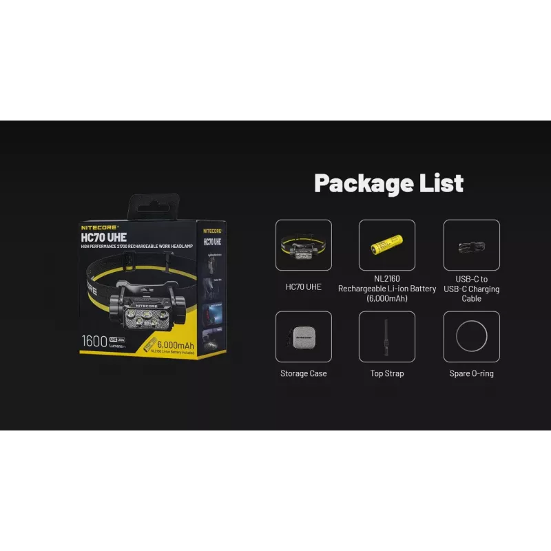 Galvenais lukturis Nitecore HC70 UHE — galvas lentes lukturītis, 1600 lūmenu, triecienizturīgs, ūdensizturīgs, 0,172 kg, melns