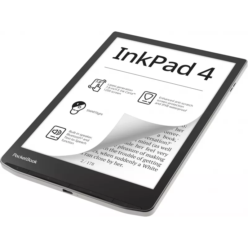 E-grāmatu lasītājs PocketBook InkPad 4 7,8 collu E Ink Carta, 32 GB, Wi‑Fi, melns/sudrabains
