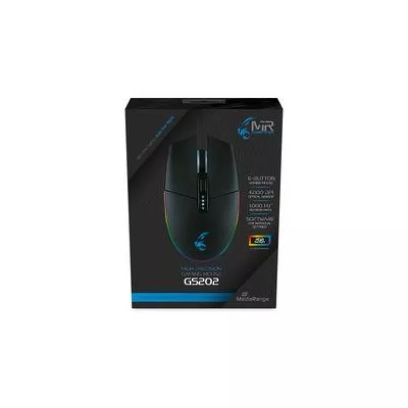 Spēļu pele MediaRange MRGS202 — labroču, optiskā, 4000 DPI, 6 pogas, USB Type-A, melna