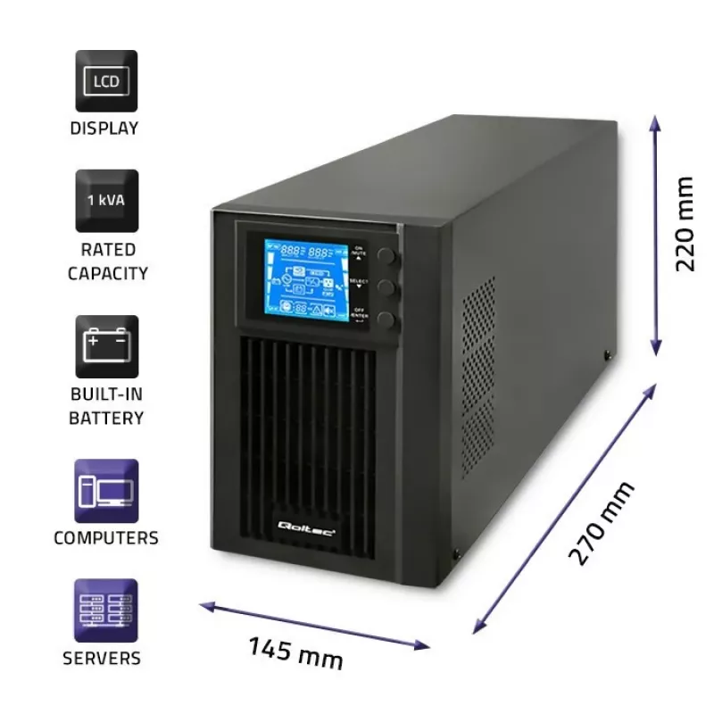 Qoltec 53042 nepārtrauktās barošanas avots (UPS) Dubultās pārveidošanas (Online) 1 kVA 800 W 2 maiņstrāvas kontaktligzdas