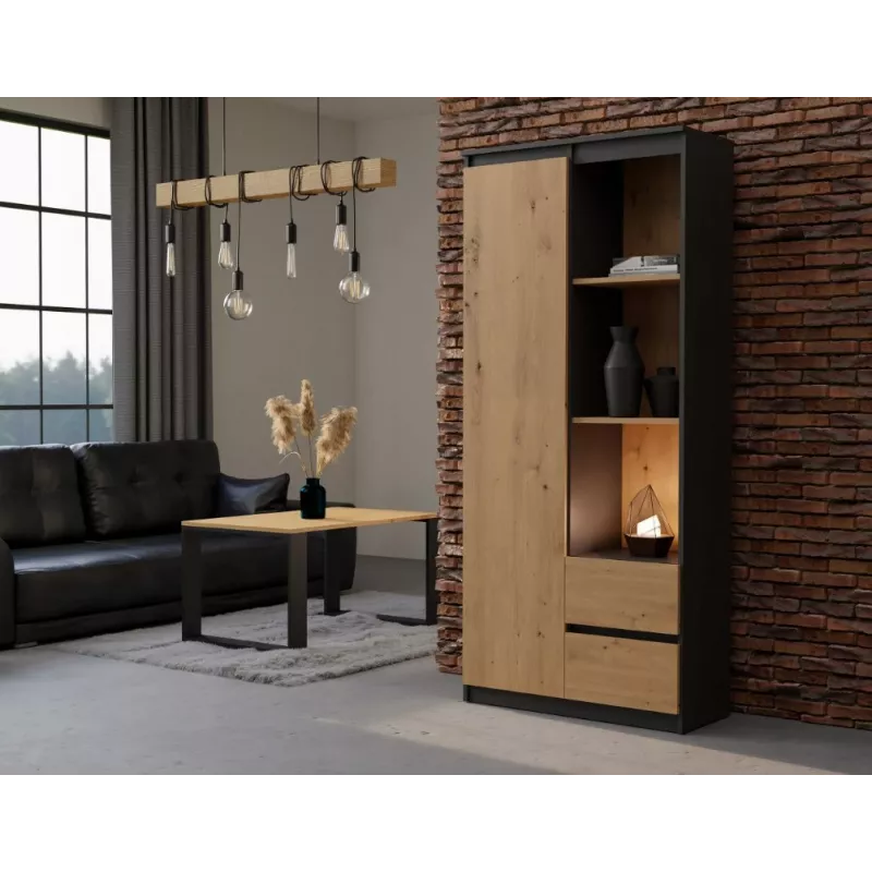 Top e Shop RS-80 BILY biroja grāmatu skapis, antracīta rāmis, amatniecības ozolkoka durvis, 7 plaukti, 2 atvilktnes, 1800×800×350 mm