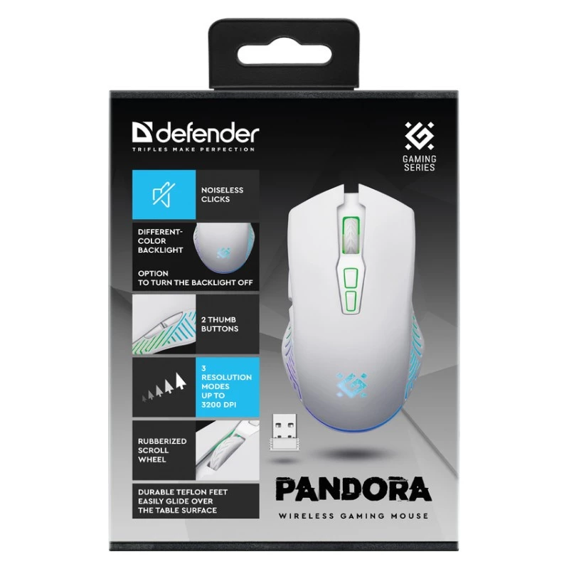 Bezvadu spēļu pele DEFENDER Pandora balta — piemērota abām rokām, 3200 DPI, 6 pogas, programmējama, optiska, USB