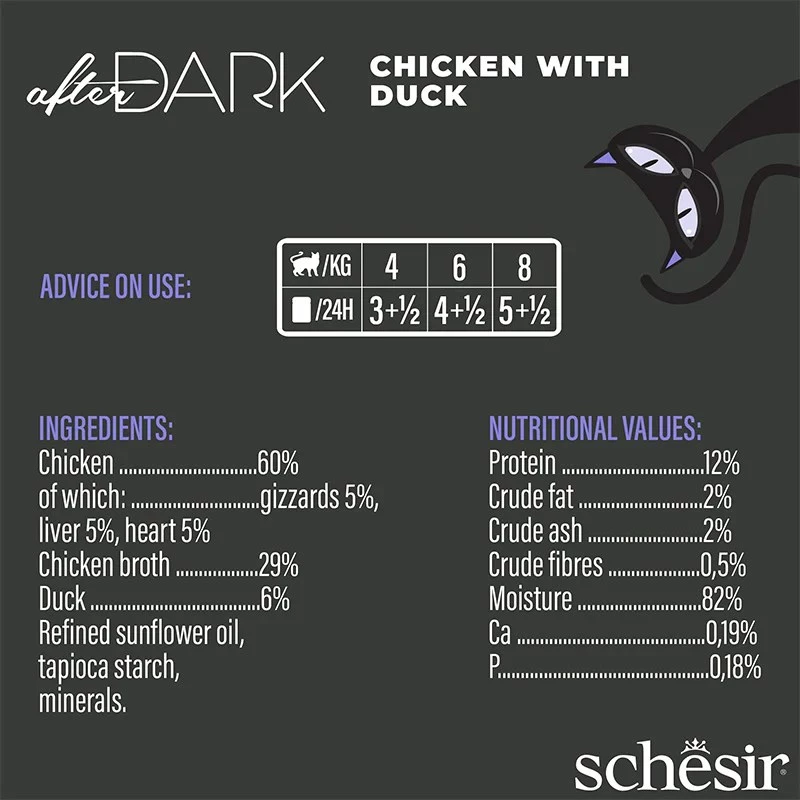 Slapjā kaķu barība Agras Pet Foods Schesir after Dark Complete Brühe 80 g — vista, bezgraudu, bez lipekļa un sojas