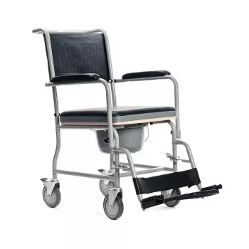 Tualetes ratiņkrēsls MDH PLW006VC — salokāms tērauda komodes krēsls, 4 riteņi, maksimālā slodze 110 kg, sēdeklis 43×43 cm, platums 530 mm, svars 11,2 kg