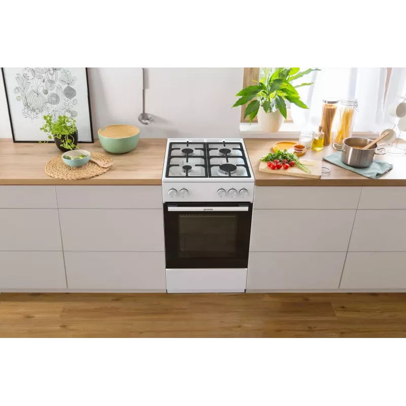 Brīvi stāvoša gāzes plīts ar krāsni Gorenje GG5A10WFFM — 4 degļu plīts virsma, 70 l krāsns, emaljēta augšdaļa, balta