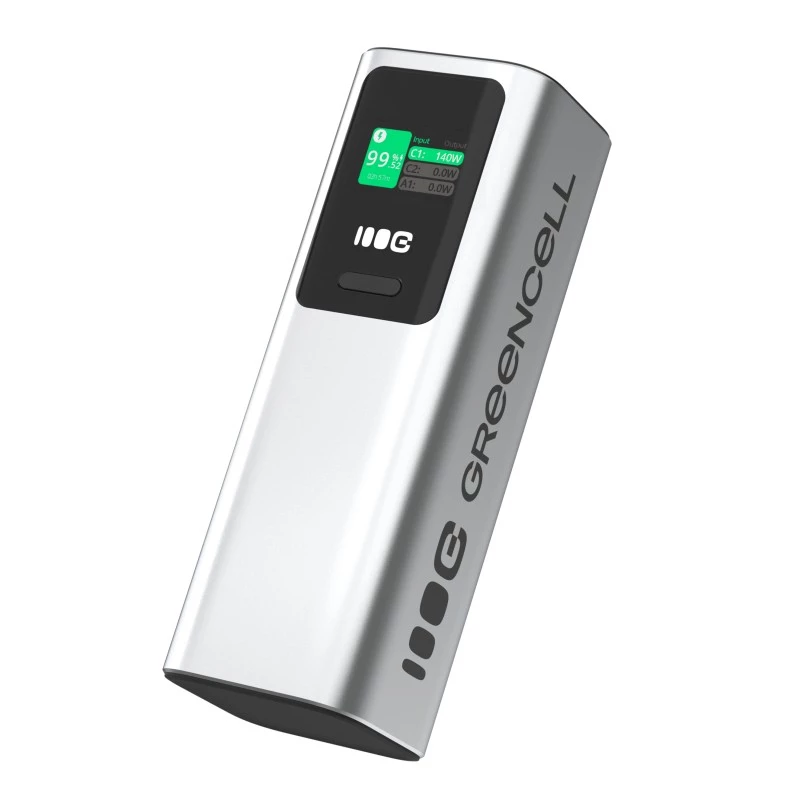 Portatīvais akumulators Green Cell PBGC25UD, 25200 mAh, Li‑Ion, 140 W kopējā jauda, 2× USB‑C + 1× USB‑A, OLED displejs, alumīnija korpuss