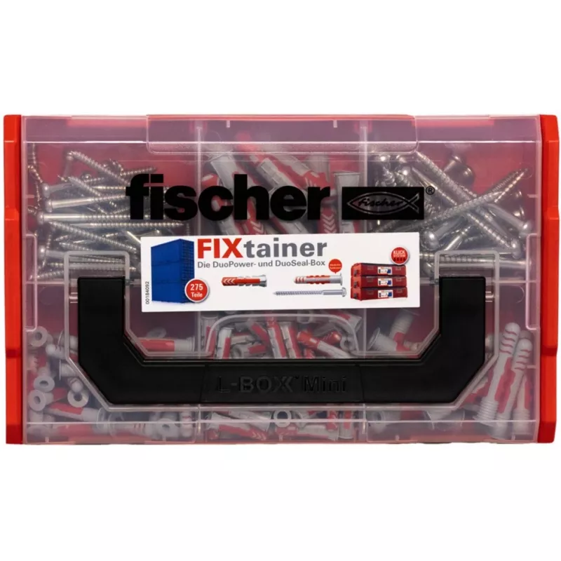 FixTainer - DUOPOWER & DUOSEAL + Skrūves, sienas dībelis gaiši pelēks/sarkans, 275 gab.