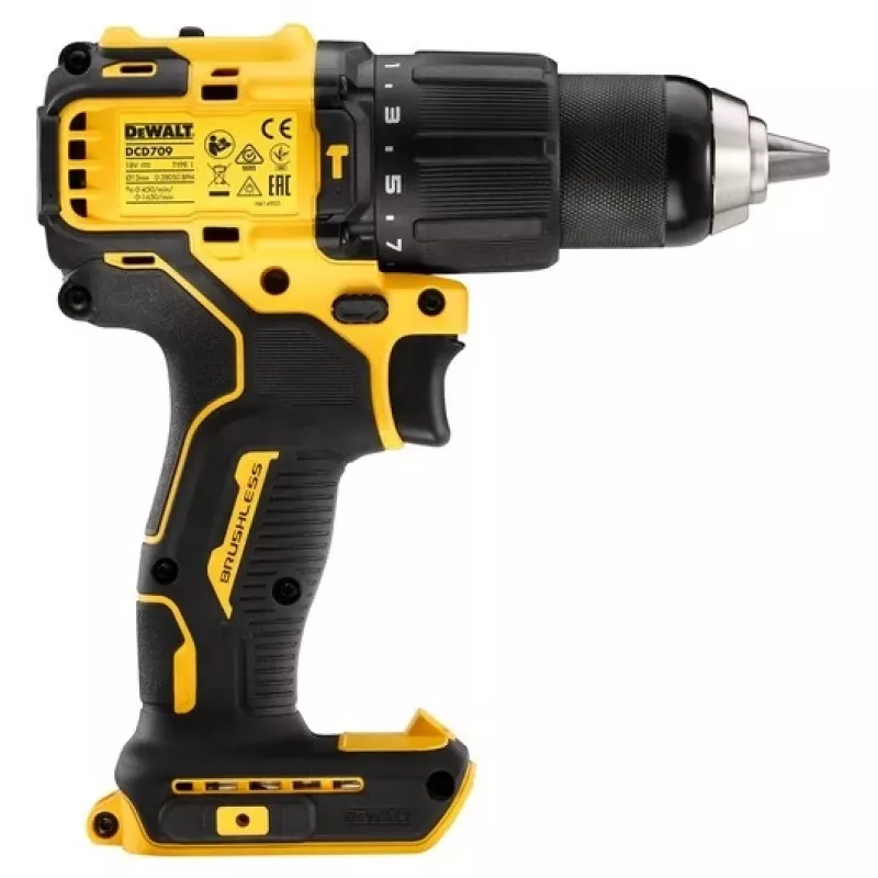 Bezvada urbjmašīna DeWALT DCD709N-XJ, bezsuku 18 V, 2 ātrumu, 1650 apgr./min, 65 N·m, bezatslēgas patrona 1,5–13 mm, 1,2 kg