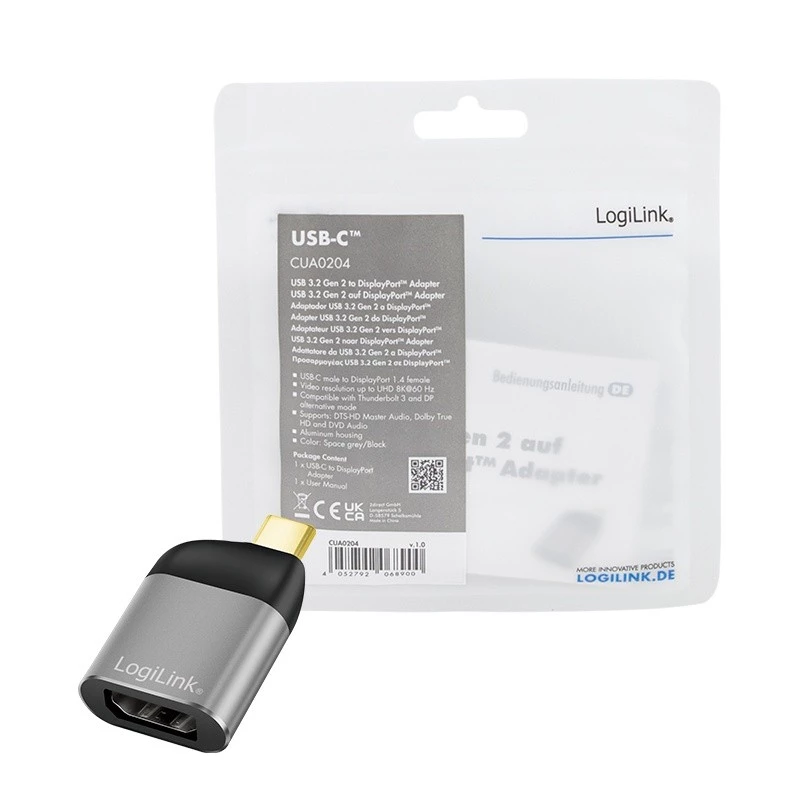LogiLink CUA0204 USB-C uz DisplayPort savienotāju adapteris Melns Pelēks