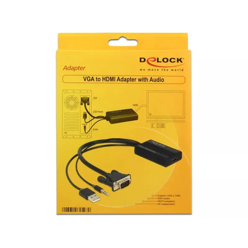 DeLOCK 62597 video kabeļa adapteris 0,25 m, HDMI Type A uz VGA (D-Sub), 3,5 mm un USB Type-A, melns