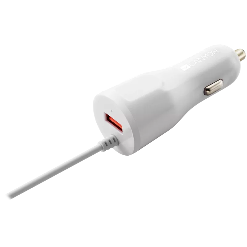 CANYON auto lādētājs C-033 2.4A/USB-A ar iebūvētu Lightning, balts