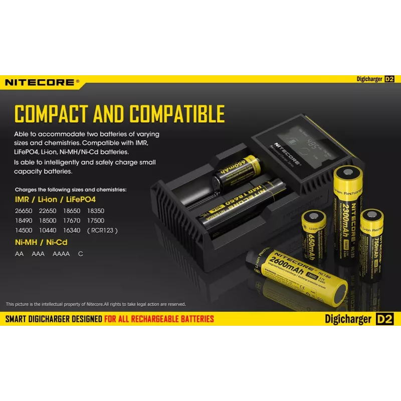 Bateriju lādētājs Nitecore D2 — 2 slotu lādētājs AA/AAA/AAAA/C baterijām, 100–240 V ieeja, 4,2 V izeja, melns