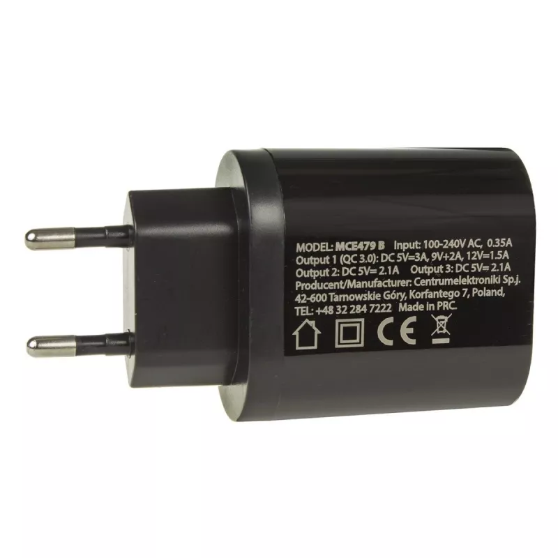 USB sienas lādētājs MACLEAN MCE479B — 3x USB pieslēgvietas, 18W kopējā izejas jauda, kompakts