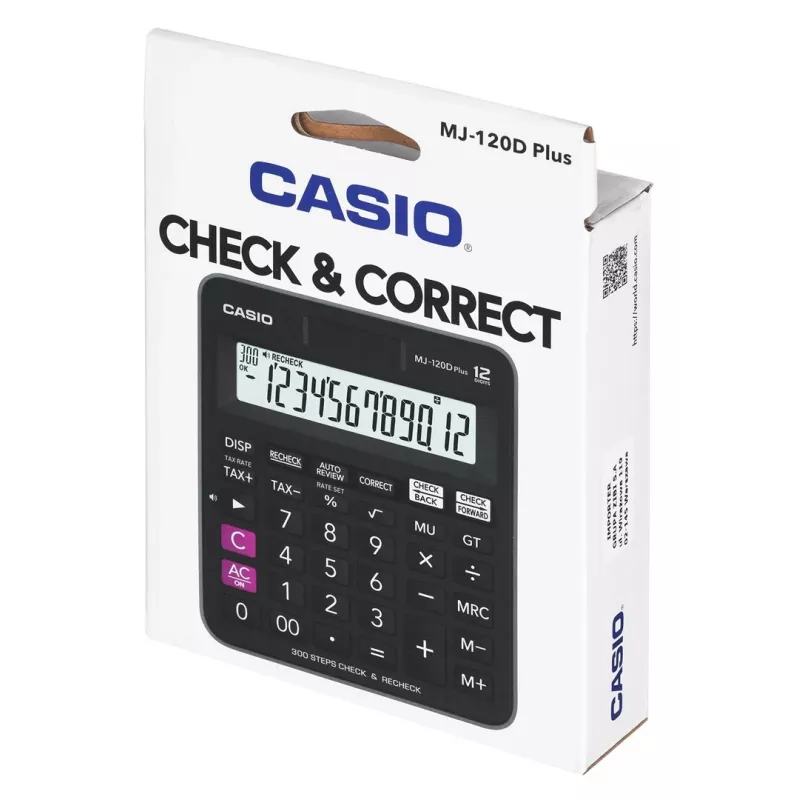 Galda kalkulators CASIO MJ-120D PLUS — pamata 12 ciparu, baterija/saules enerģija, 35 taustiņi, nodokļu aprēķins un kvadrātsakne, melns
