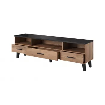 TV statīvs Cama Meble LOTTA 180 cm — Wotan ozola rāmis, matēti melna virsmas plāksne, 1800×400×530 mm