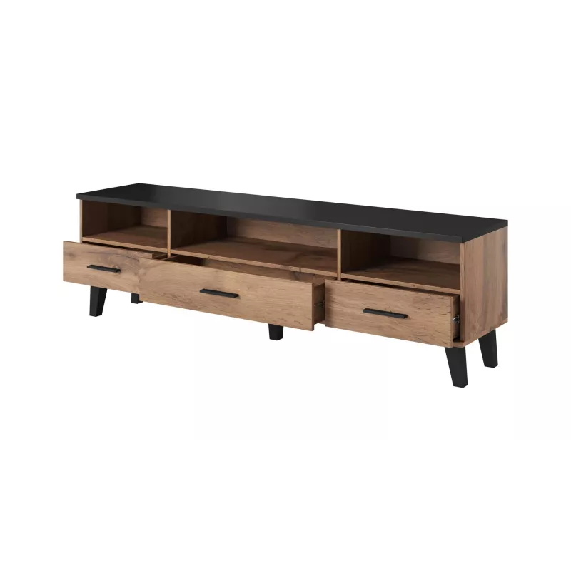 TV statīvs Cama Meble LOTTA 180 cm — Wotan ozola rāmis, matēti melna virsmas plāksne, 1800×400×530 mm