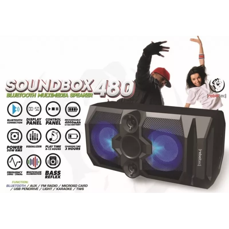 Rebeltec SoundBox 480 portatīvais Bluetooth stereo skaļrunis melns, 50W RMS