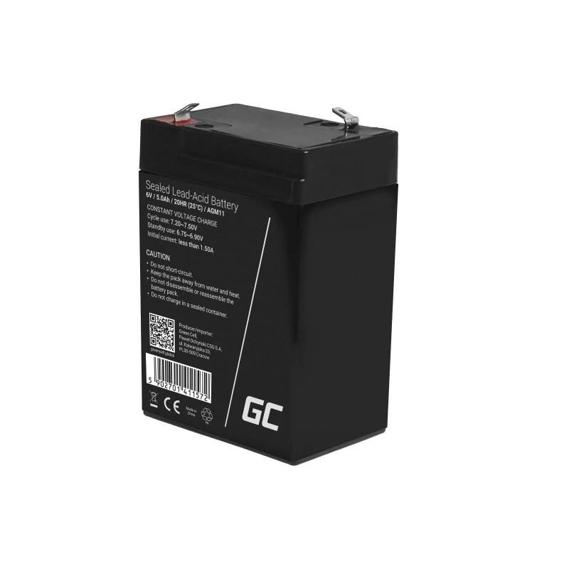 zaļa Cell AGM11 UPS akumulators 6 V 5 Ah noslēgts svina-skābes (VRLA) viens akumulators, 70×100×47 mm, 780 g