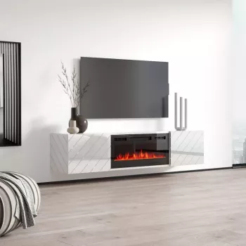TV skapītis cama meble LUXE 1826×345×375 mm balts spīdīgs ar iebūvētu melnu elektrisko kamīnu (1400–1600 W)