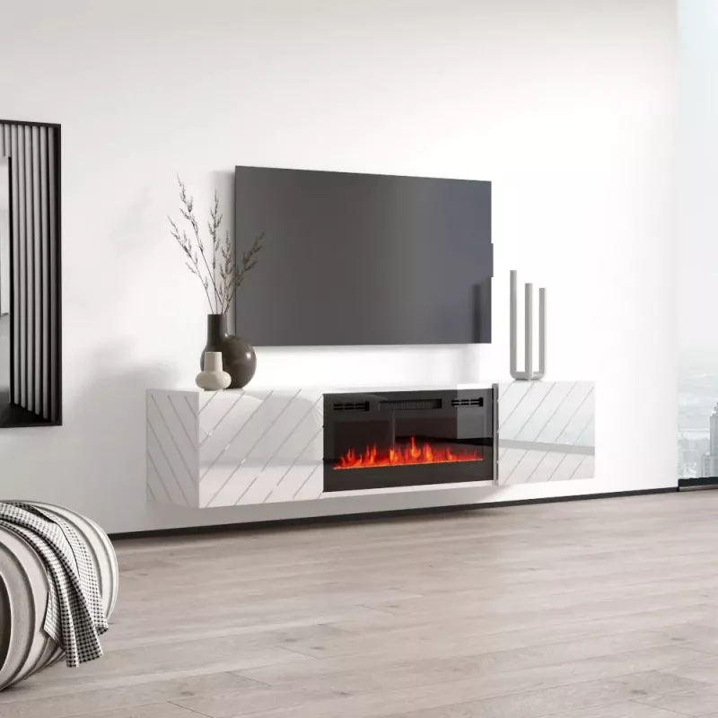 TV skapītis cama meble LUXE 1826×345×375 mm balts spīdīgs ar iebūvētu melnu elektrisko kamīnu (1400–1600 W)