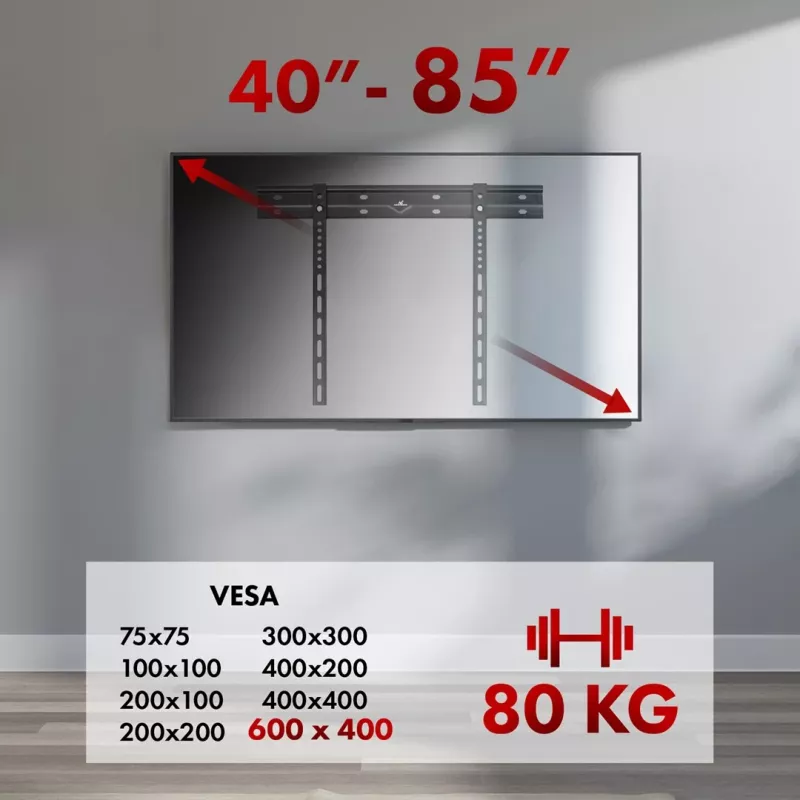 Sienas TV stiprinājums MACLEAN MC-123 īpaši plāns, VESA 400x400 mm, plakanā ekrāna televizoriem līdz 80 kg