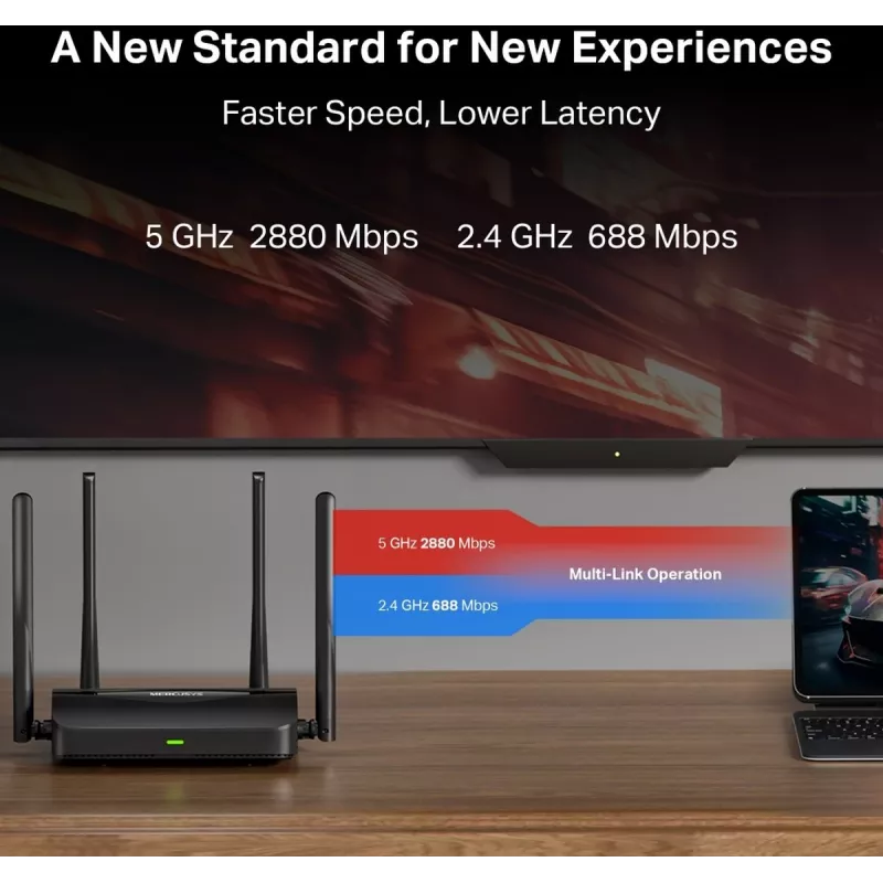 Galda maršrutētājs MERCUSYS MR25BE EasyMesh Wi‑Fi 7 divjoslu 2,4/5 GHz, 3600 Mbps, 3× Gigabit LAN, 4 ārējās antenas