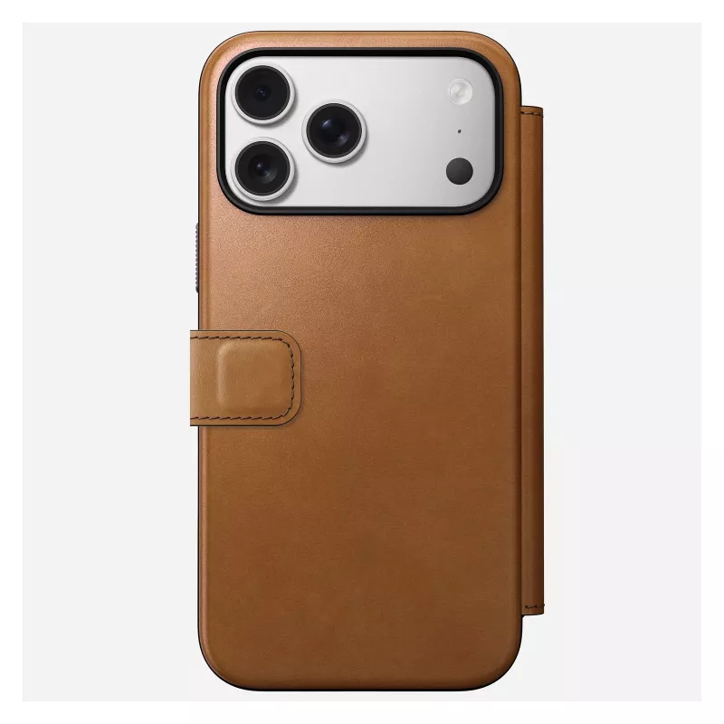 Mobilo tālruņu apvalks Nomad Modern Leather Folio vāciņš iPhone 17 Pro Max — brūngans, der līdz 17,5 cm (6,9 collu) ekrānam, 4 karšu kabatas