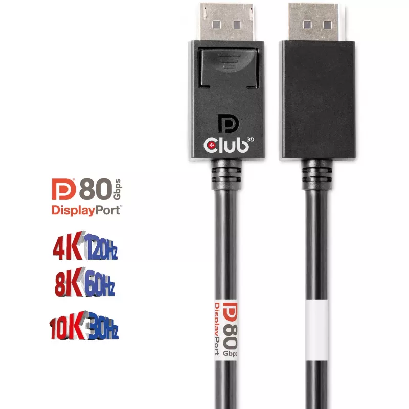 CLUB3D DisplayPort 2.1 Divvirzienu VESA DP80 sertificēts kabelis 4K240Hz, 8K60Hz vai 10K30Hz M/M 1,2 m/3,94 pēdas