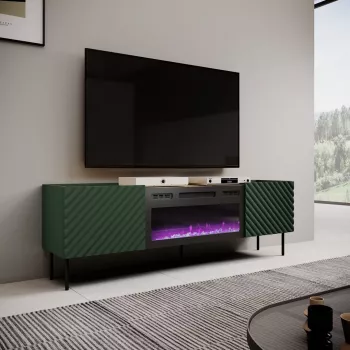 TV skapis ar elektrisko kamīnu Cama Meble ONDA 180.5×40×58.0 cm, skaidu plātne, zaļš, brīvi stāvošs vai pie sienas stiprināms