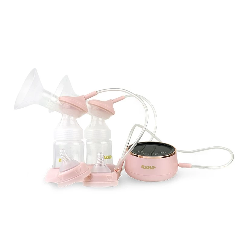 Neno Bella Twin elektriskais krūts sūknis — elektronisks, 150 ml pudelītes, 6 stimulācijas / 9 sūkšanas līmeņi, USB Li‑Ion baterija, rozā/caurspīdīgs