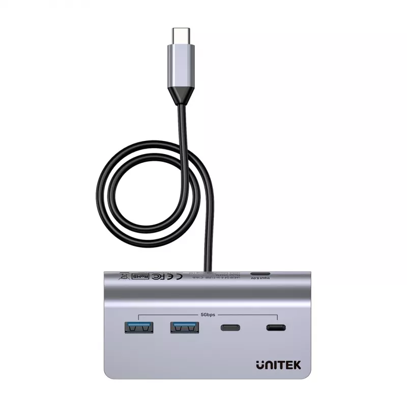 USB centrmezgls Unitek H1337AGY01 — 4 portu (2×USB-C, 2×USB-A), līdz 5 Gbps katram portam, alumīnija, sudraba krāsā