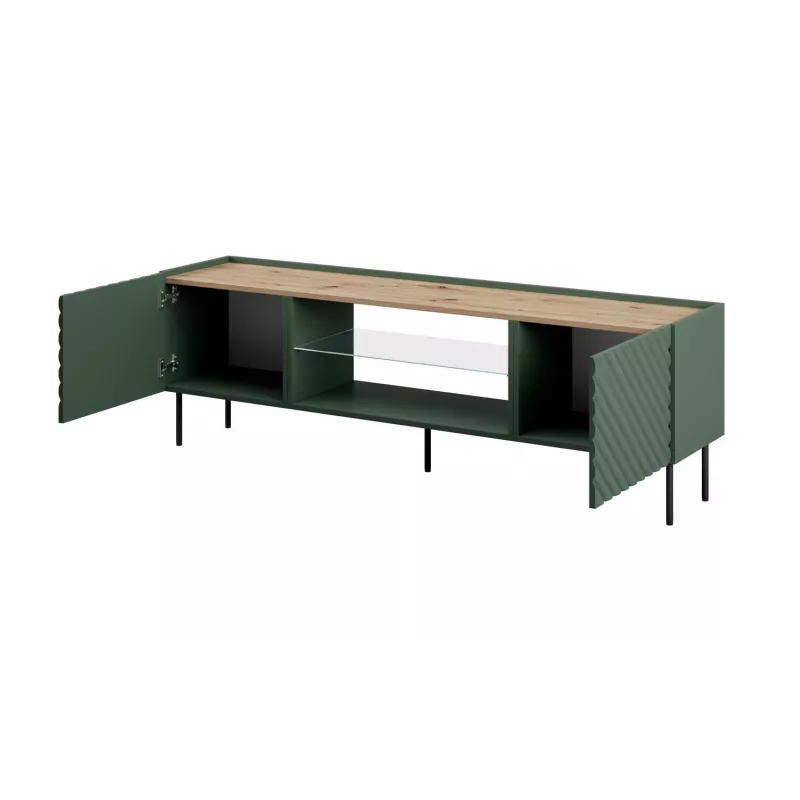 TV skapis ar elektrisko kamīnu Cama Meble ONDA 180.5×40×58.0 cm, skaidu plātne, zaļš, brīvi stāvošs vai pie sienas stiprināms