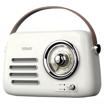 Portatīvais radio SAVIO RS-02 — analogais FM skaņotājs, Bluetooth 5.3, USB barošana, 3 W, balts