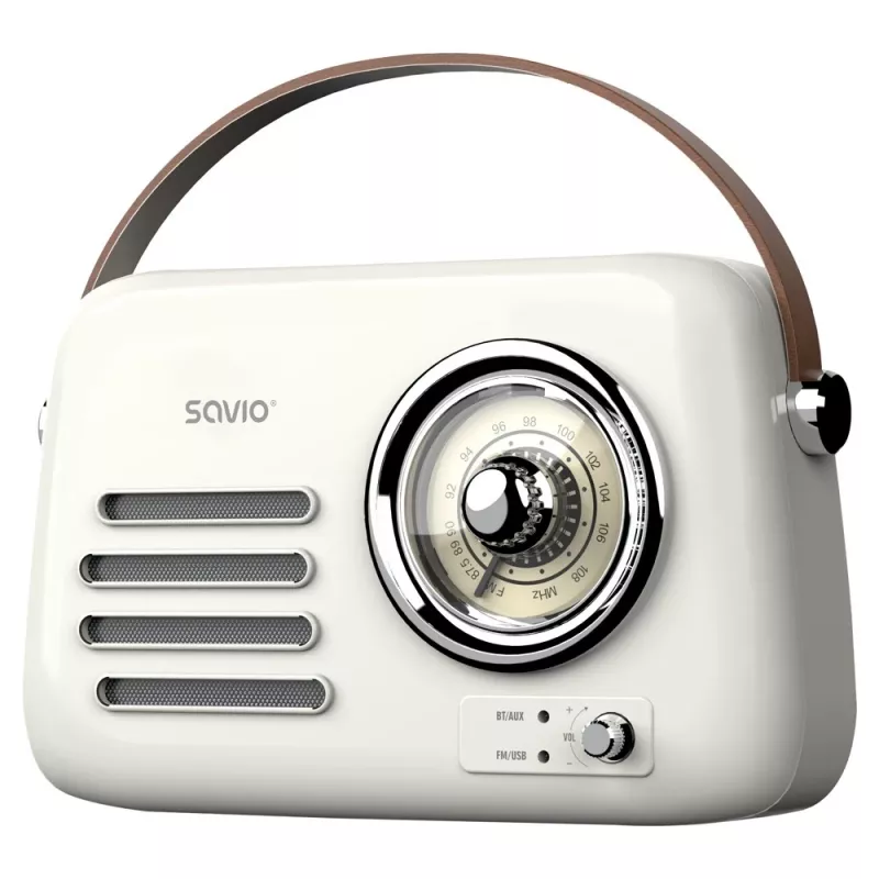 Portatīvais radio SAVIO RS-02 — analogais FM skaņotājs, Bluetooth 5.3, USB barošana, 3 W, balts