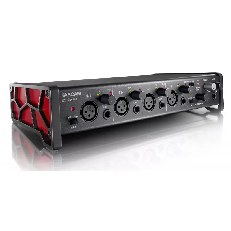 Audio interfeiss Tascam US-4X4HR – 4x XLR combo, 4 analogās izejas, 56 dB mikrofona priekšpastiprinātājs, 192 kHz, USB 2.0, darbvirsmas, melns