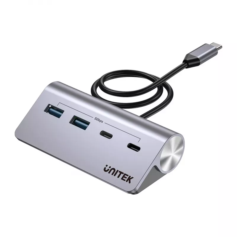 USB centrmezgls Unitek H1337AGY01 — 4 portu (2×USB-C, 2×USB-A), līdz 5 Gbps katram portam, alumīnija, sudraba krāsā