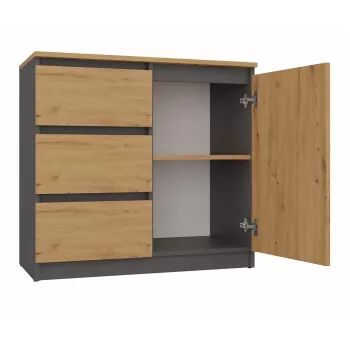 Kumode Top e Shop Topeshop 1D3S ANT/ART BA KPL — Antracīta un ozola krāsā, 3 atvilktnes, skaidu plātnes rāmis