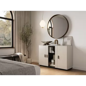 Kumode Cama Meble SOHO 120×41×80 cm – kašmira krāsas fasādes, melns rāmis