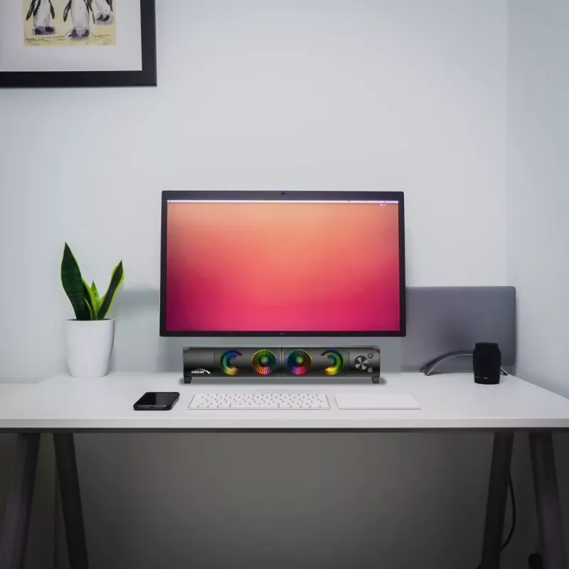2-in-1 datora skaļruņu skaņas panelis ar RGB LED fona apgaismojumu, stereo, paredzēts spēlēm, USB, 2 x 3 W, AUX 3,5 mm