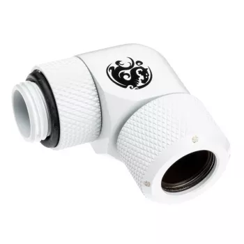 Savienotājs BitsPower BP-DWE90RMLA12 — misiņa 90° leņķa savienotājs, balts, Ø 12 mm