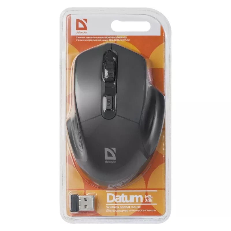 Bezvadu optiskā pele DEFENDER Datum MB-345 RF, piemērota abām rokām/labroču, 1600 DPI, 3 pogas, USB RF uztvērējs, melna