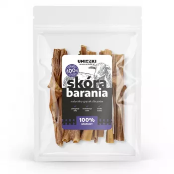 Suņu gardumi UNISZKI Aitas āda 100 g — hipoalerģiska jēra ādas košļājamā našķe, 100 g maisiņš, olbaltumvielas 50,79%, tauki 36,37%