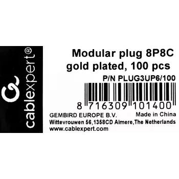RJ45 spraudnis GEMBIRD PLUG3UP6/100, Cat5, taisns vīrišķais, caurspīdīgs, apzeltīti kontakti, iepakojumā 100
